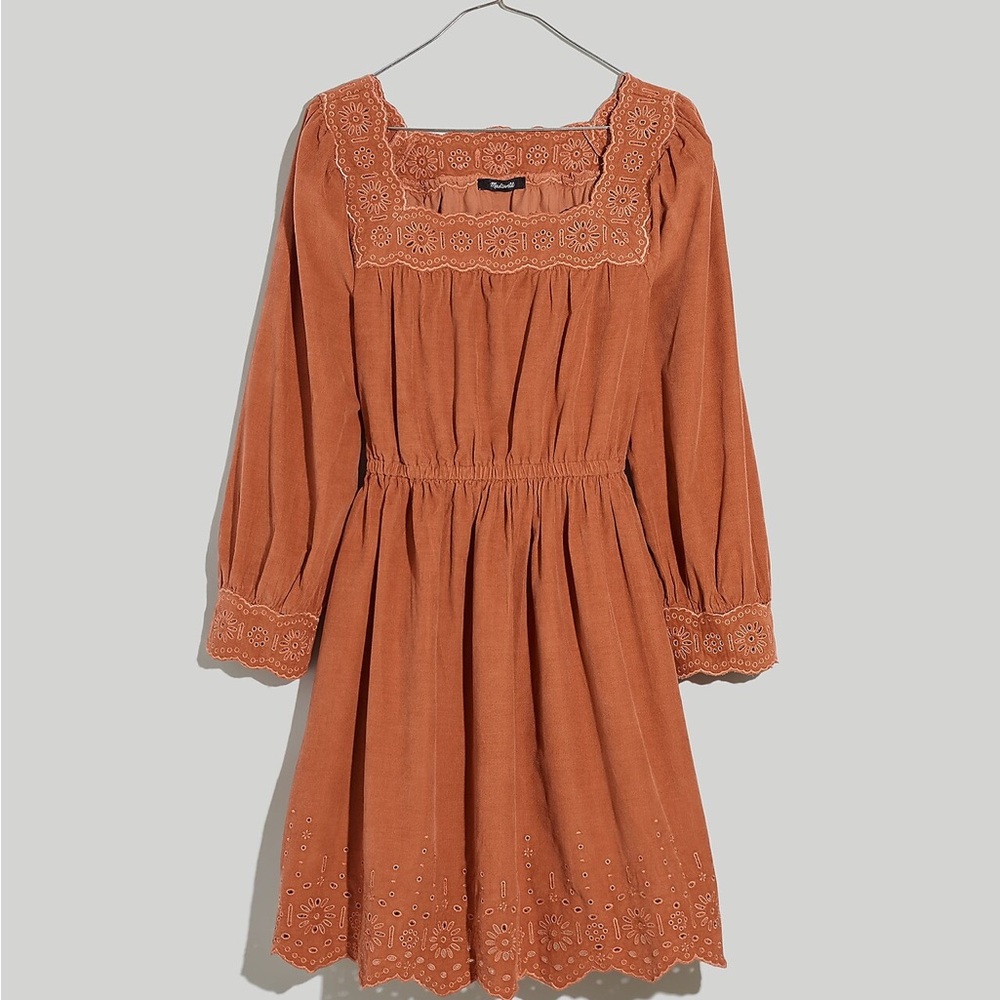 Embroidered Corduroy Square-Neck Mini Dress